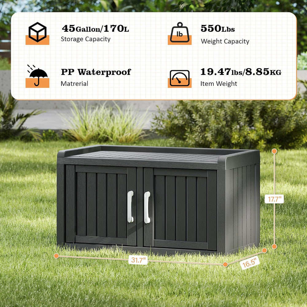 NUNU LAB Outdoor Storage Bench with 2 Barn Doors - Waterproof UV-Resistant Sh...