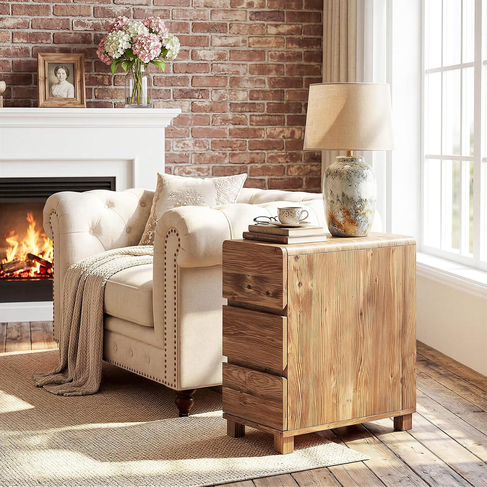Set of 2 3 Drawers Solid Wood Side End Table for Living Room, Rustic Farmhous...