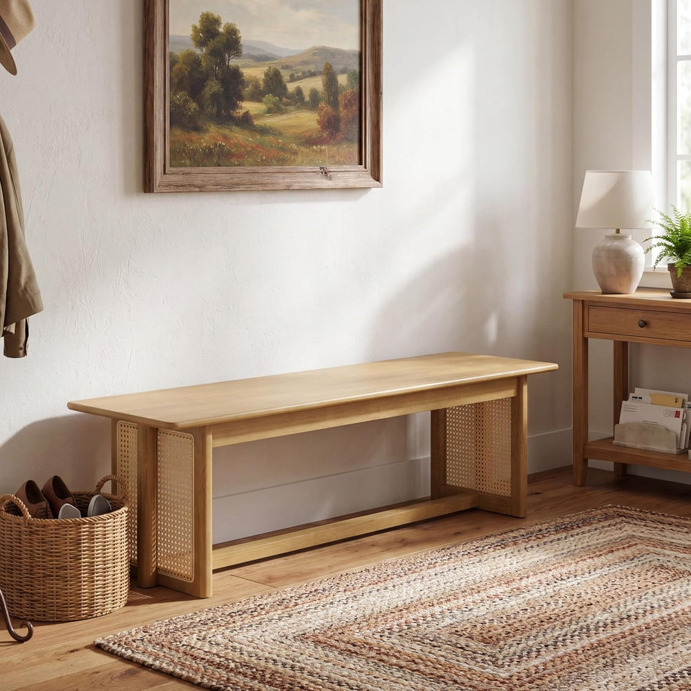 Merax Rustic Wooden Rectangular Kitchen Bench with Rattan Accents Legs, Farmh...