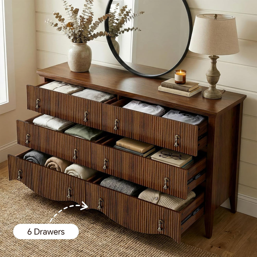 Walnut 6-Drawer Fluted Dresser, Wide Double Chest of Drawers,
