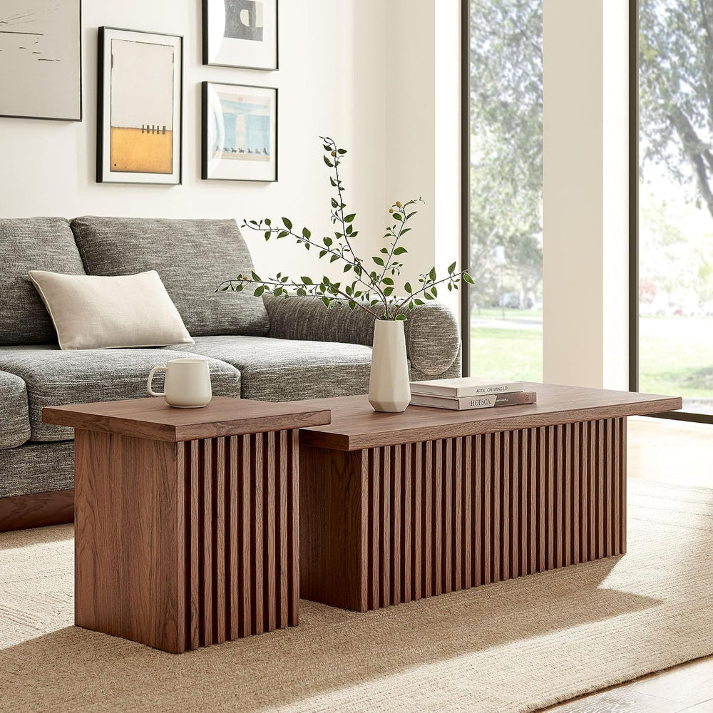 Modway Render Slatted Nesting Coffee Table Set in Walnut - 2 Piece Low Profil...