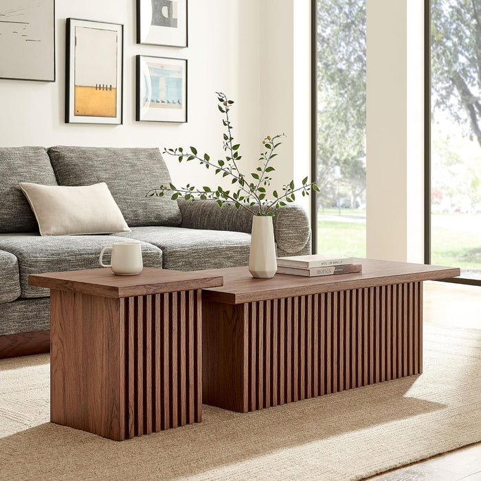 Modway Render Slatted Nesting Coffee Table Set in Walnut - 2 Piece Low Profile Coffee Table Mid Century Modern - Abstract Coffee Tables for Living Room - Nested Accent Tables