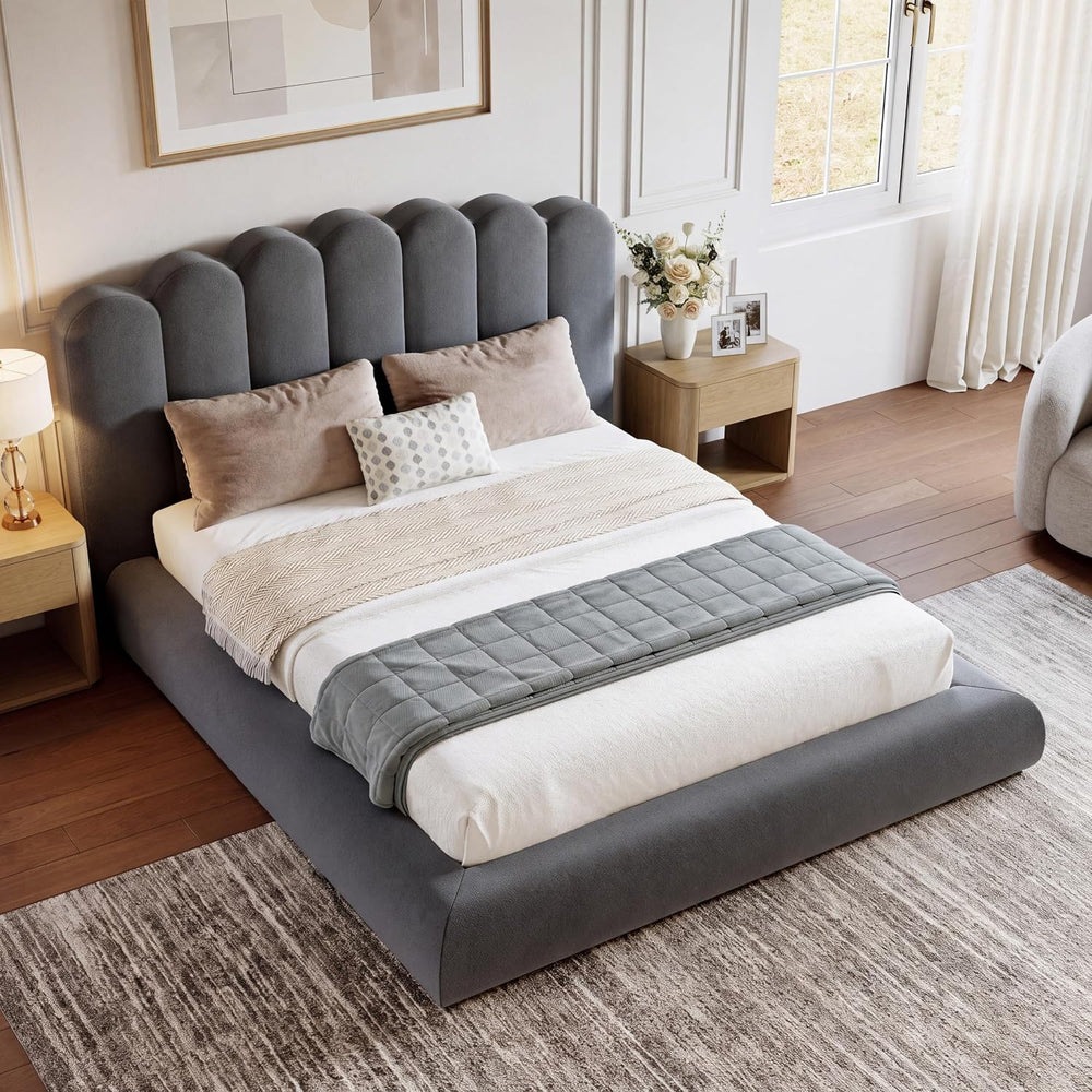 Queen Size Cloud Bed Frame with Wave Headboard, Plush Foam Upholstered Platfo...
