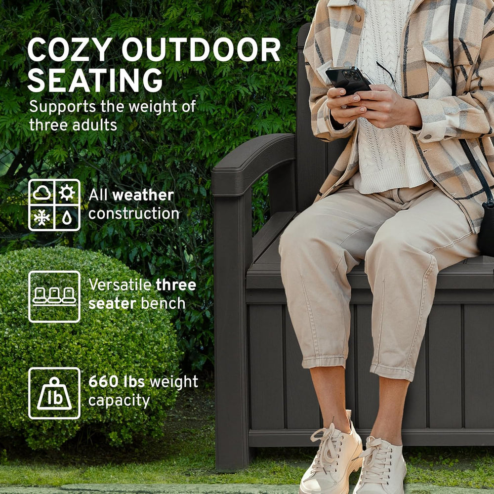 EconoHome 3 Seat Outdoor Storage Bench with Rain Cover - 90 Gallon Capacity -...
