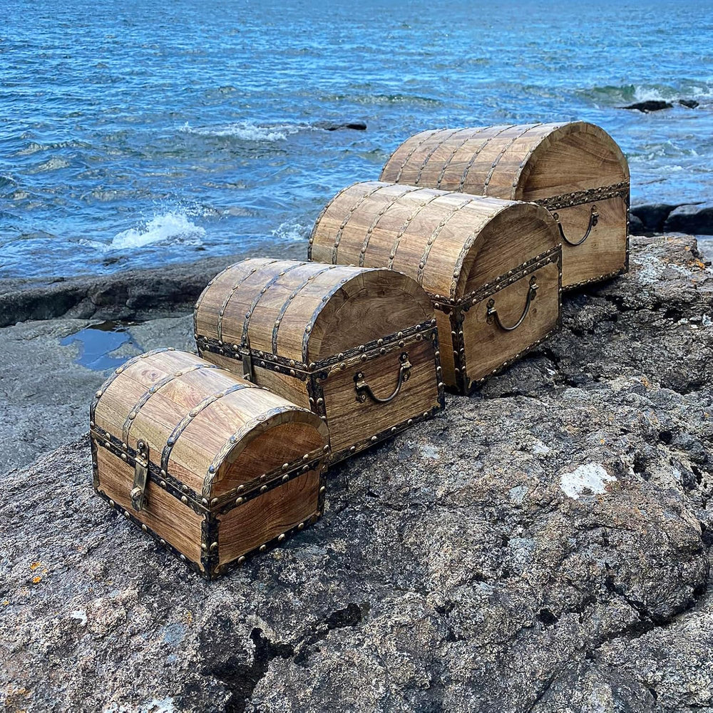 Nautical Cove Antiqued Finished Wood Treasure Chest with Decorative Rivets an...
