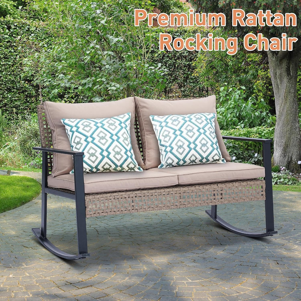 Ainfox Outdoor Wicker Loveseat Rocking Chair, Patio Rattan Rocker Chair with ...