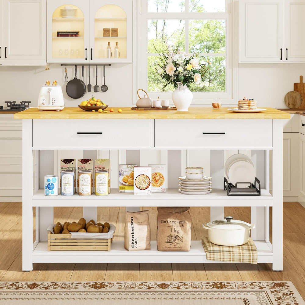 Kitchen Island with Storage for Kitchen Dining Room (White) | Charging outlet...
