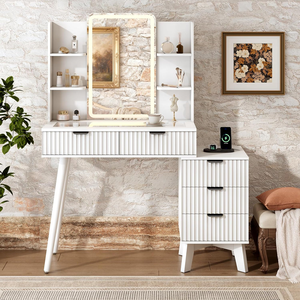 Xixini Fluted Vanity Desk with LED Lights Mirror & Charging Station, White
