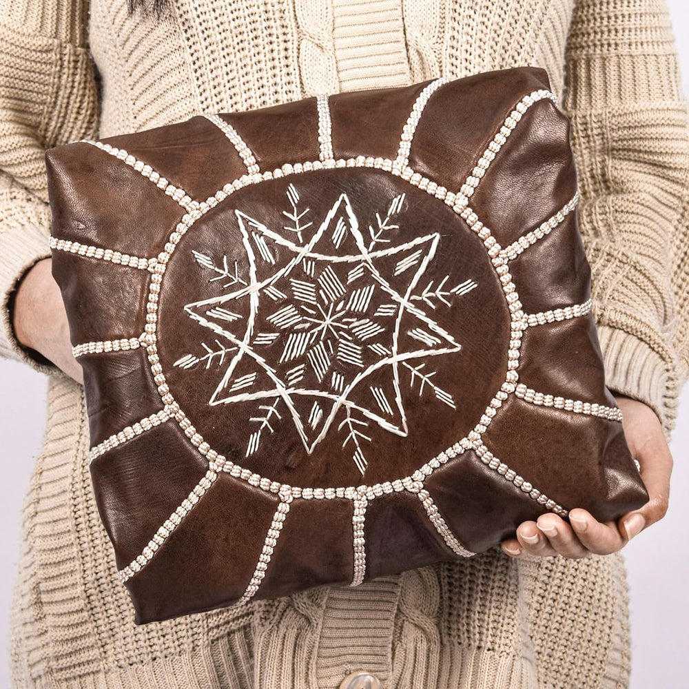 Moroccan Leather Handmade Pouf Ottoman Cover, Unstuffed Foot Stool, Round Boh...