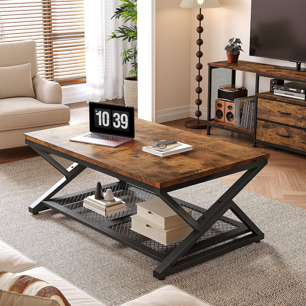 EnHomee Coffee Table with Storage & Shelf for Living Room, Rustic Brown