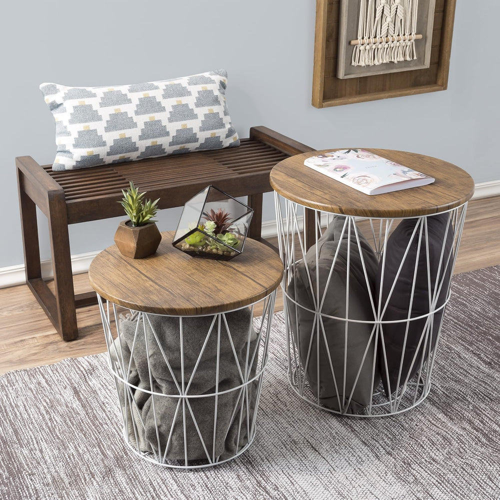 End Tables Set of 2 - Nesting Tables with Removable Wood Tops and Metal Wire ...