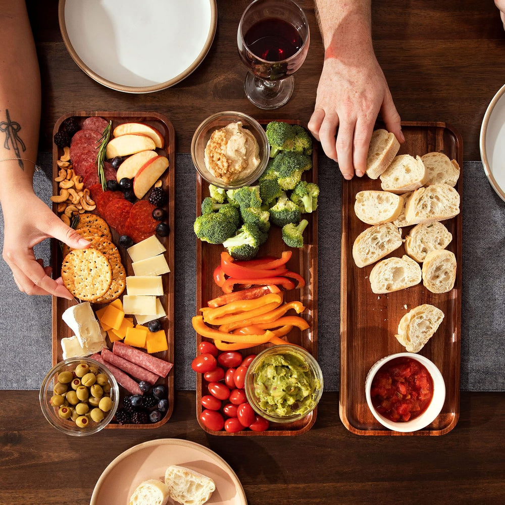 Large Solid Acacia Wood Serving Trays (17 x 6.5 inches) Rectangular Wooden Se...