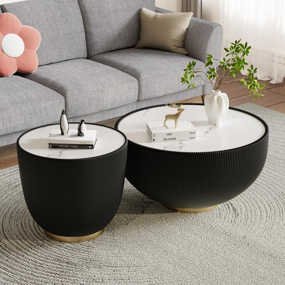 27.55" Black Round Coffee Table, Drum Coffee Table with Sintered Stone T...