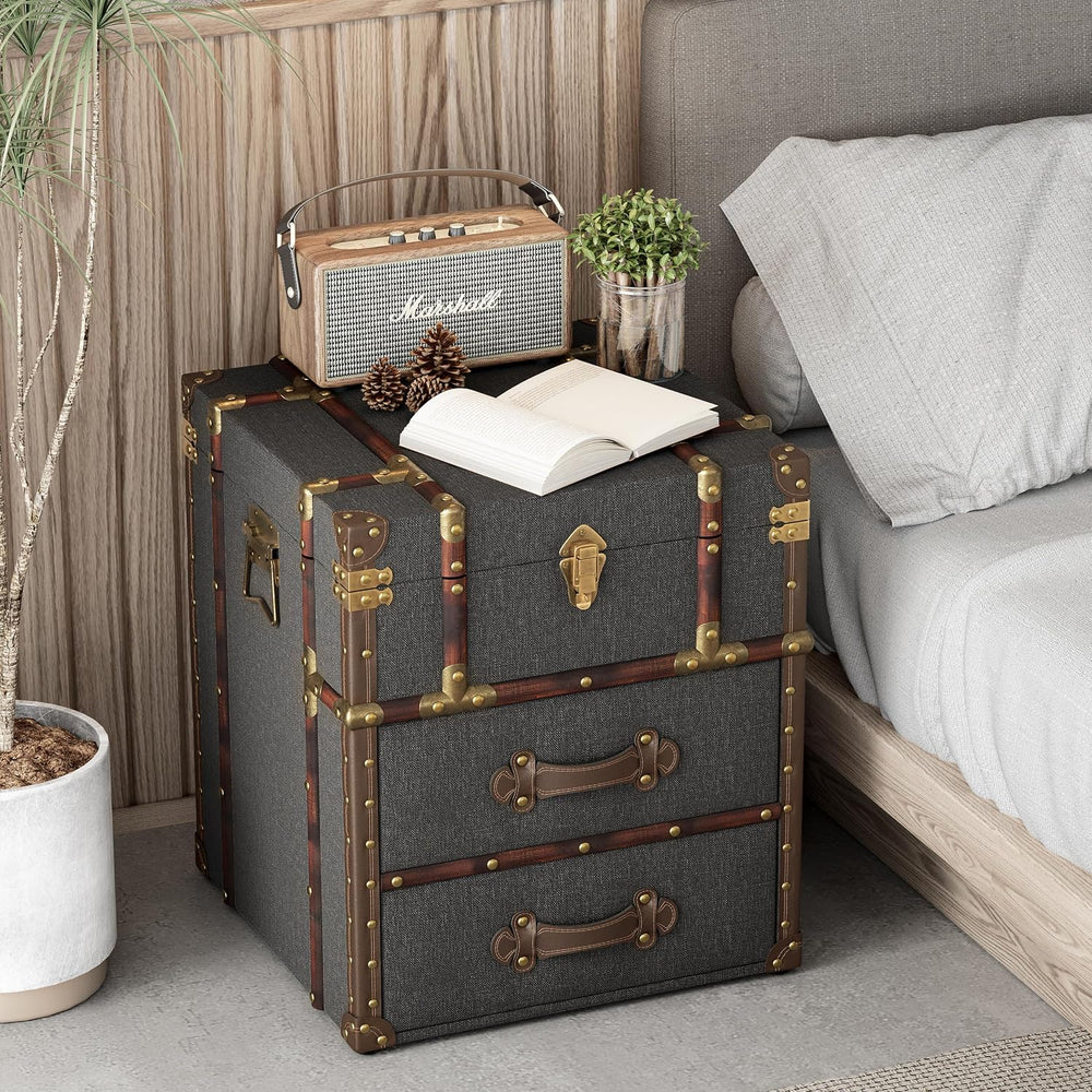 Aoikax Vintage Storage Chest with Buckle Hinged Top, Linen Accent End Side Ta...