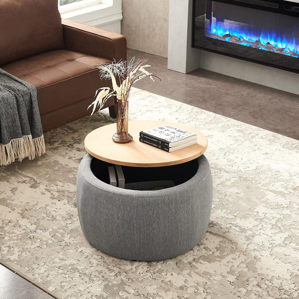 Modern Round Storage Ottoman with Wooden Top,Handmade Luxury Pleated Circle F...