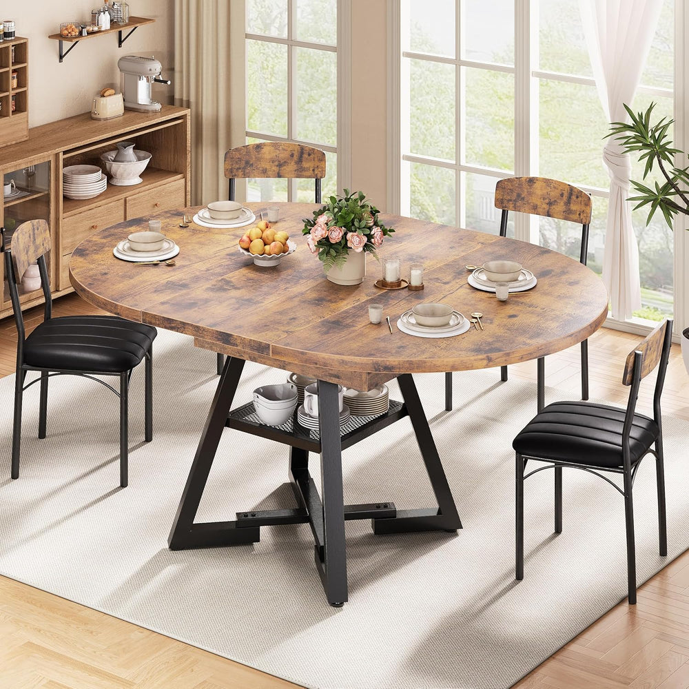 43‘’-57‘’ Extendable Round Dining Table for 4-6, Modern Industrial Kitchen Ov...