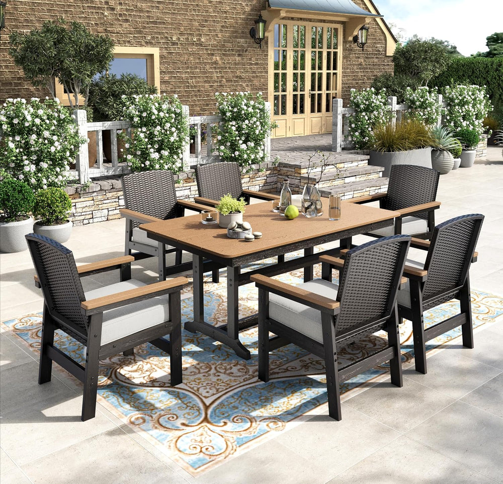 7PC Patio Dining Set for 6, HDPE Outdoor Table & 6 Chairs