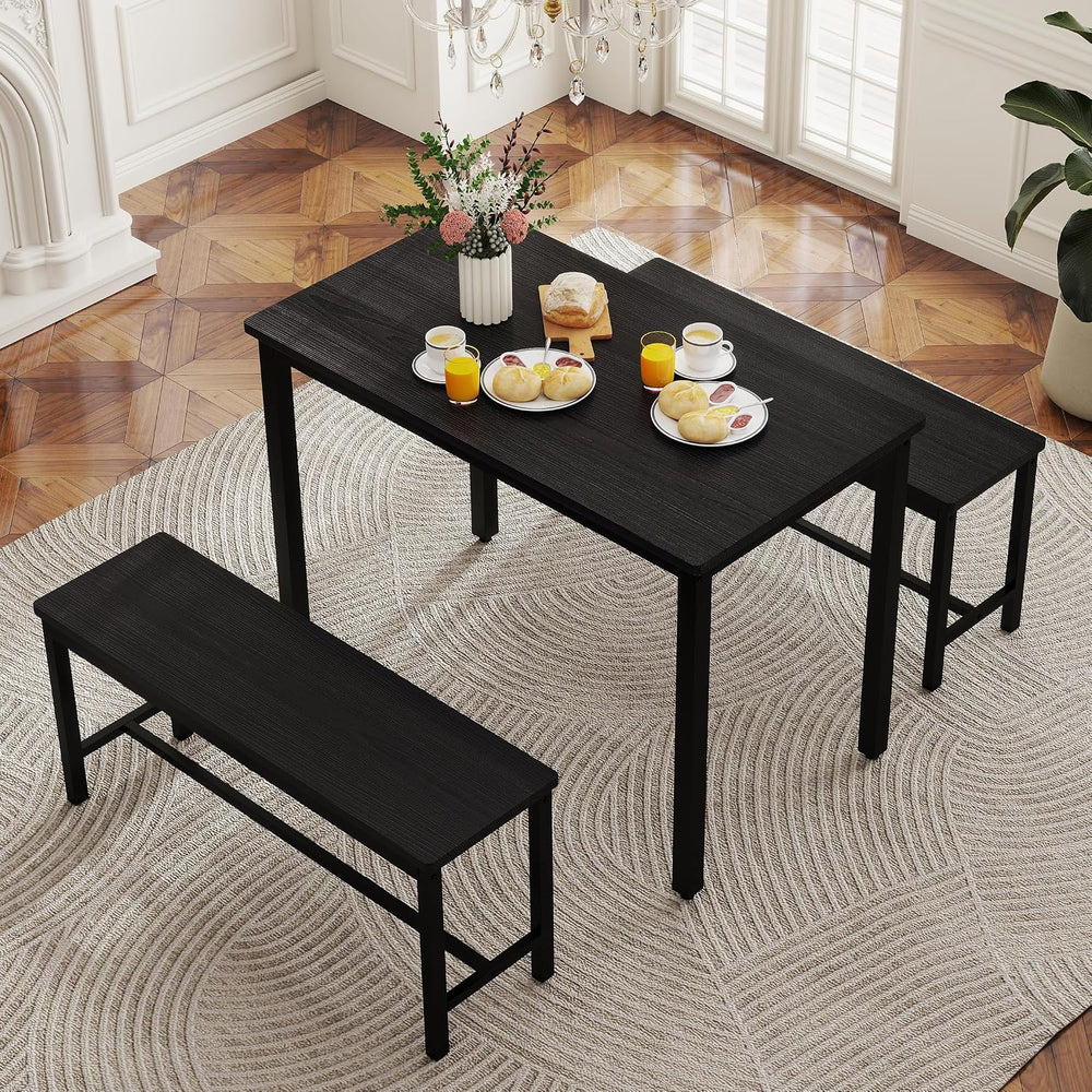 Dining Table Set for 4, Kitchen Table with 2 Benches, 3-Piece Wood Dining Roo...