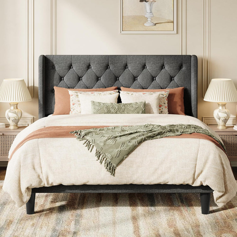 SHA CERLIN Queen Upholstered Bed Frame, Button Tufted Design, Dark Grey
