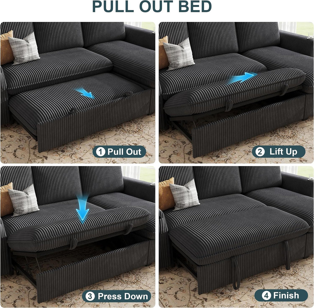 Sectional Sleeper Sofa with Pull Out Bed, Plush Corduroy 7 Seat Modular Secti...