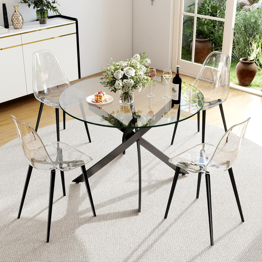 Clear Round Glass Dining Table Set for 4, 5 Piece Circle Kitchen Table Set, 3...