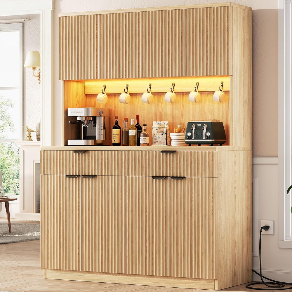 Jocoevol Fluted Kitchen Pantry Storage Cabinet with Charging Station/LED Ligh...