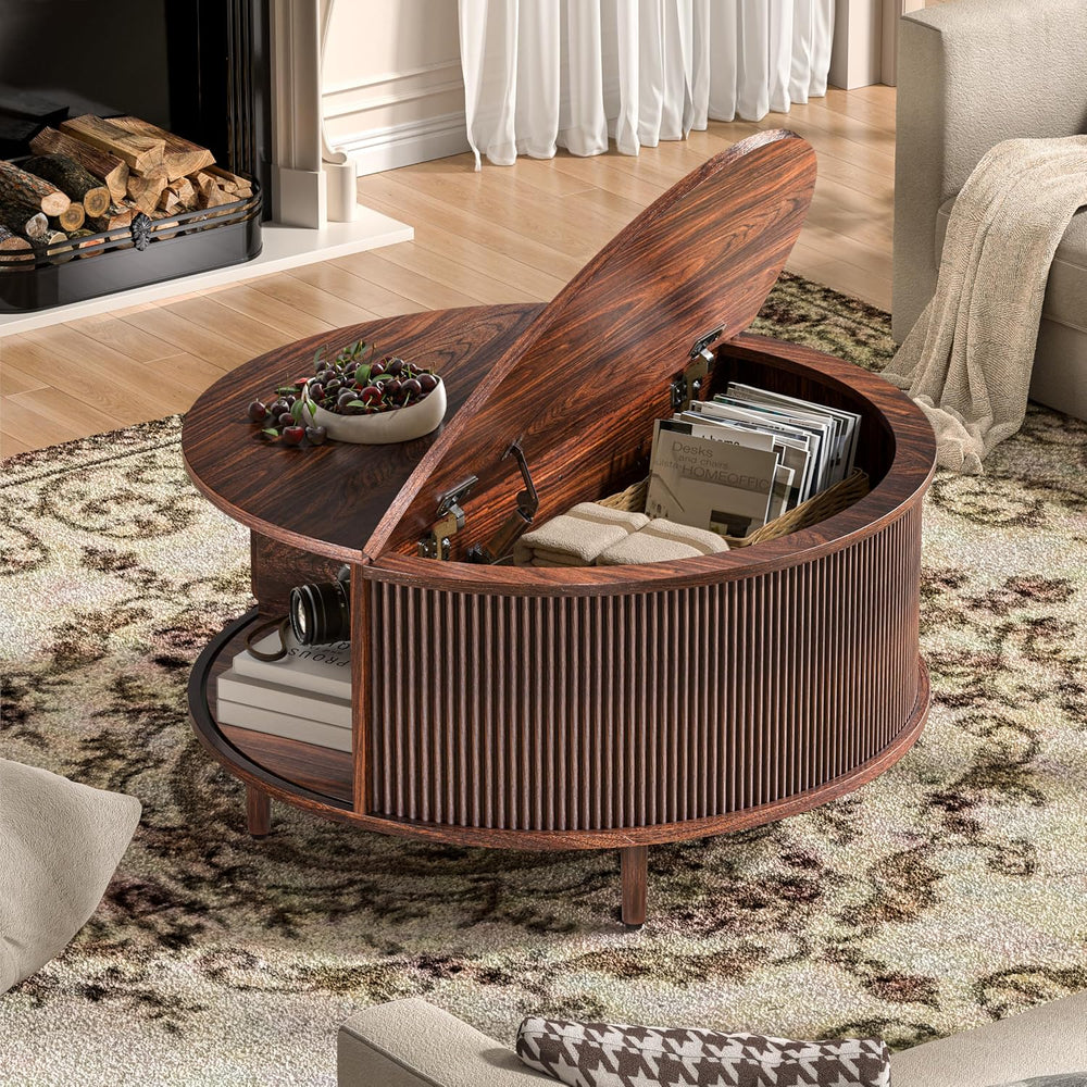 Round Coffee Table, 31.5" Fluted Center Table with Storage, Lift-Top Cof...