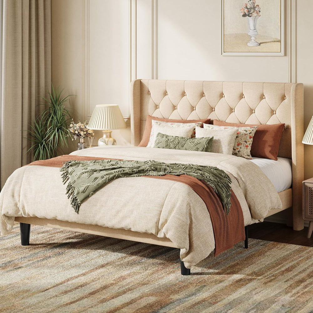 SHA CERLIN Queen Upholstered Bed Frame, Button Tufted Design, Beige