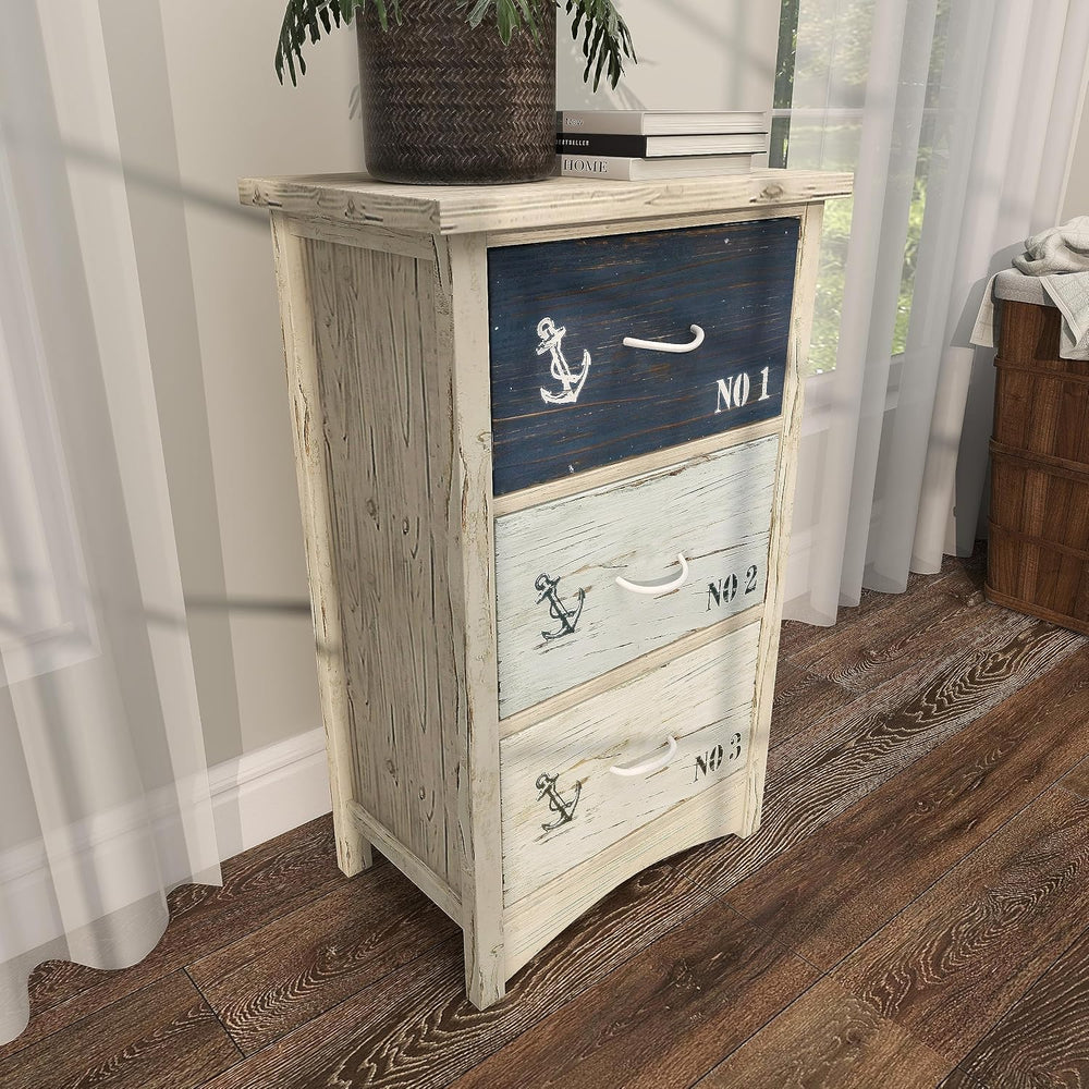 Deco 79 Wooden Anchor Room Chest Small Distressed Storage Cabinet with 3 Numb...