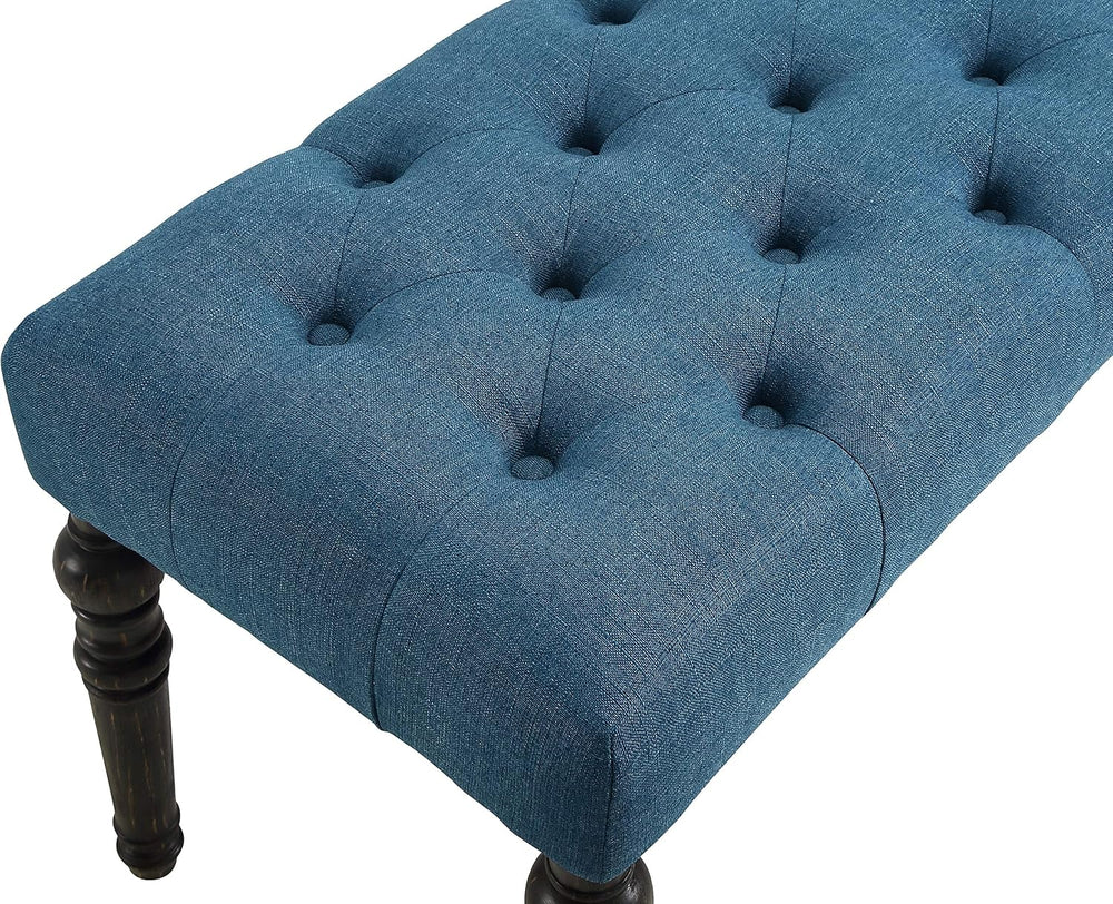 Roundhill Furniture Leviton Fabric Tufted Turned Leg Dining Bench, Blue