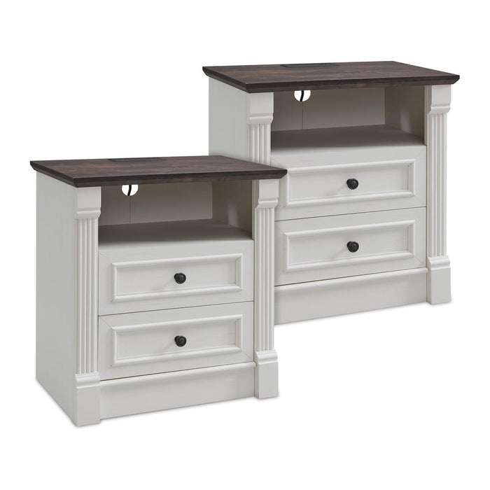 26" Tall Farmhouse Night stand Set of 2, 2 Drawers End Table w/Charging Station, 23.6" Wide Wood Side Table w/Roman Column, Large Rustic Sofa Table w/Open Shelf, Bedside Table for Bedroom, White