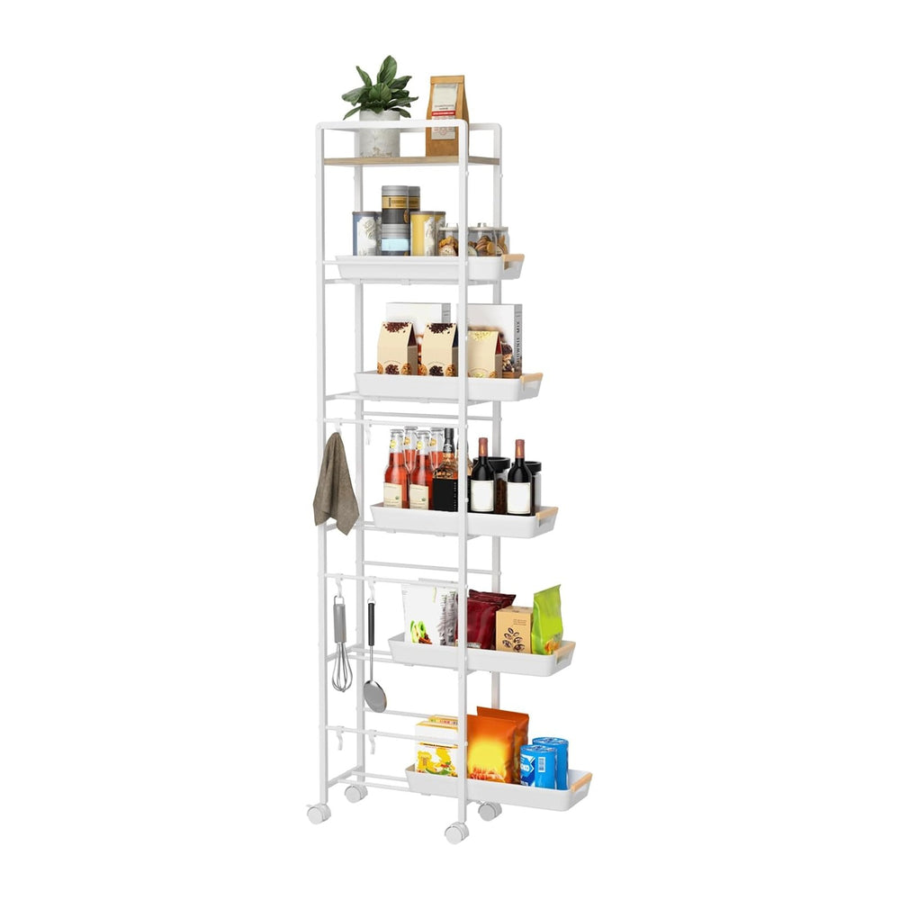 6 Tier Slim Storage Cart with Pull-Out Baskets Rolling Cart with Wheels Wood ...