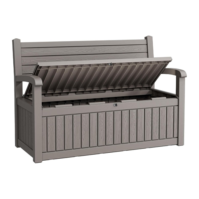 80 Gallon Lockable Deck Bench with Storage, Resin Stripes Outdoor Storage Box, Waterproof Outdoor Porch Bench for Cushions Garden Tools, and Pool Supplies, Grey
