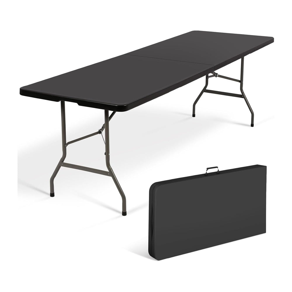 8Ft Folding Table Plastic Portable with Built in Handle & Steel Legs Blac...