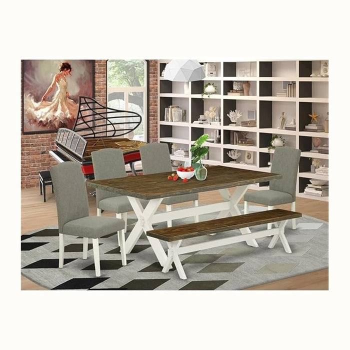 East West Furniture X077EN206-6 6 Piece Dining Table Set Contains a Rectangle Kitchen Table with X-Legs and 4 Dark Shitake Linen Fabric Parson Chairs with a Bench, 40x72 Inch, Multi-Color