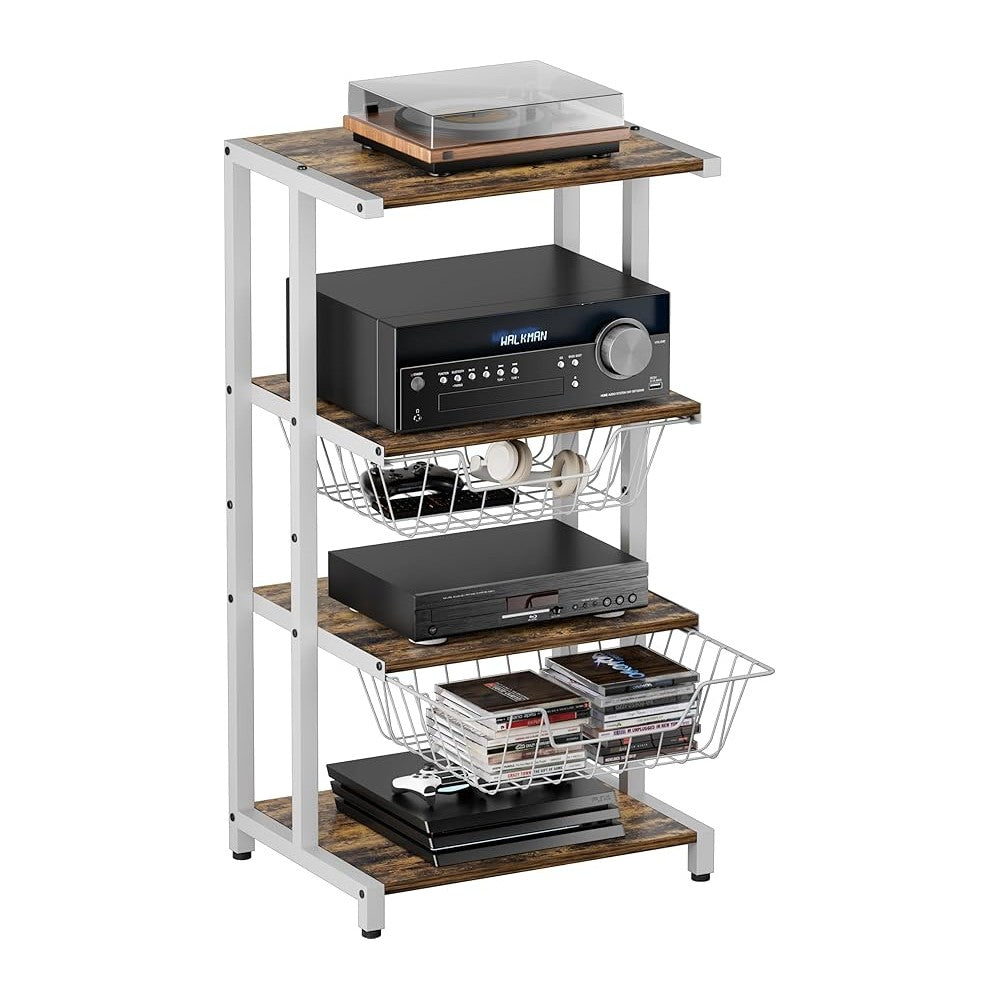 Media Stand with Two Detachable Baskets, 4-Tier AV Media Stand Corner Shelf f...