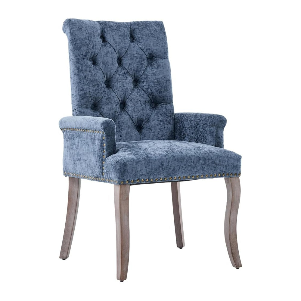 Upholstered Tufted Chenille Dining Chairs with Arms & Nailhead Trim – Sol...