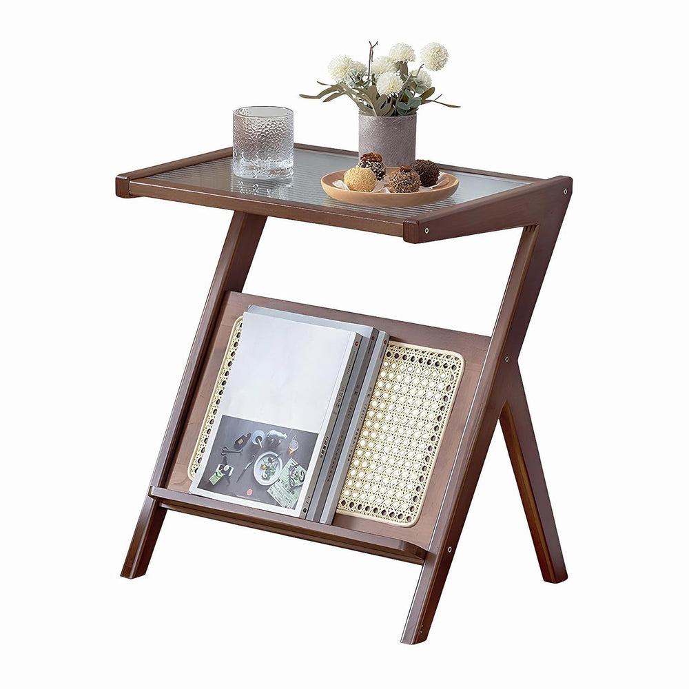 Boho Rattan Side Table, Wooden Accent Table with Magazine Storage Shelf, Mid ...
