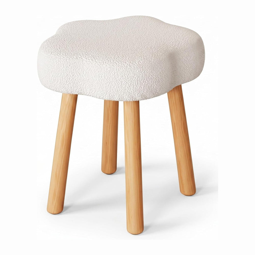 Cmishe Cloud Vanity Stool with Solid Beech Wood Legs, Boucle Makeup Chair for...