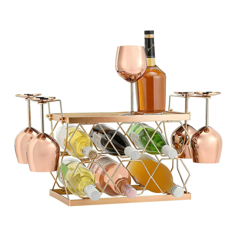 Countertop Wine Rack Organizer - Holds 6 Oversized Bottles & 4 Glasses | ...