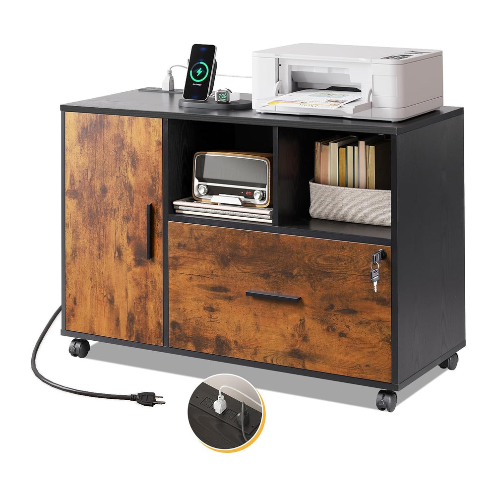 DEVAISE File Cabinet with Charging Station, 1 Drawer Rolling File Cabinet, Lo...