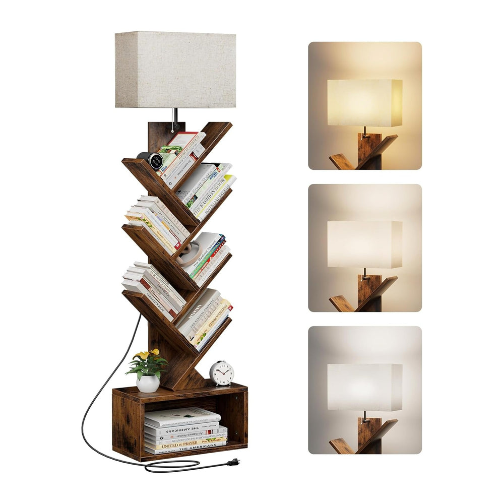 Evermagin 6 Tier Tree Bookshelf with Light, Bookcase, Rustic Brown | Narrow T...