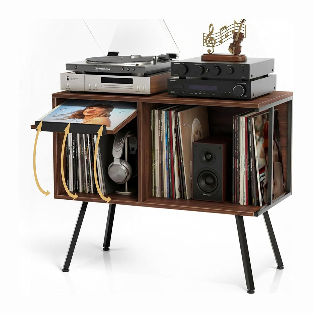 Faesun Record Player Stand with Flip-Down Record Shelf, Walnut | Vinyl Record...