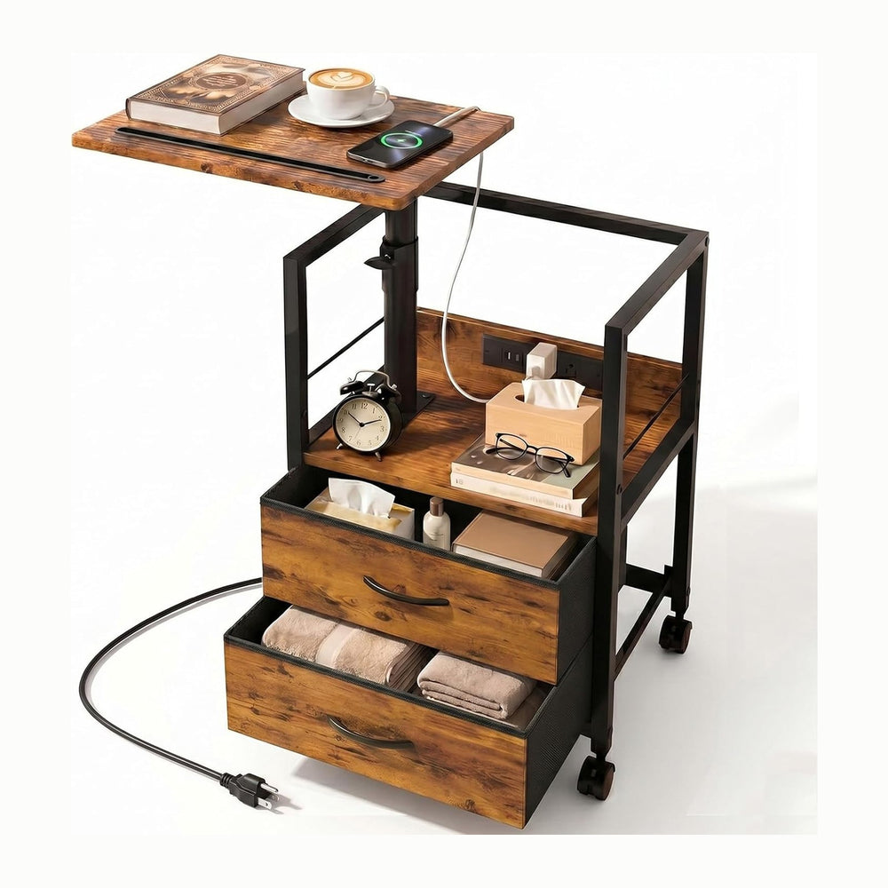 Faesun Swivel Lift Top Nightstand with Charging Station, Rolling Side Table f...
