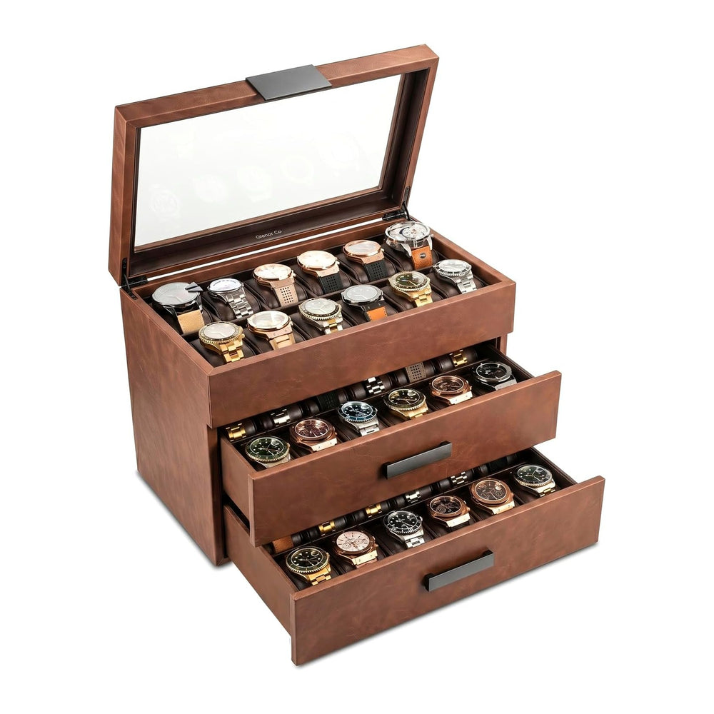 Glenor Co 36 Slot Watch Box for Men - Mens Watch Case w Large Glass Lid, Luxu...