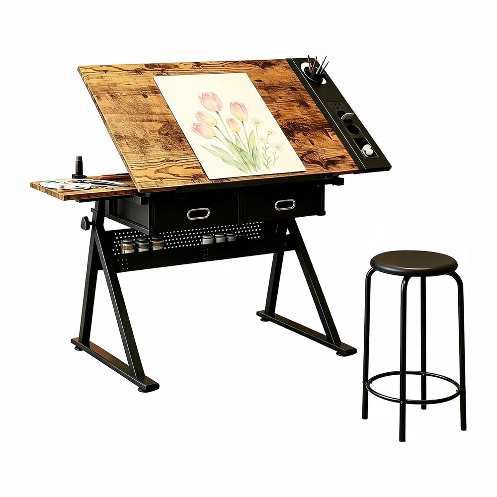 Industrial Minimalist Drafting Desk with Stool | Adjustable Tilting Artist Ta...