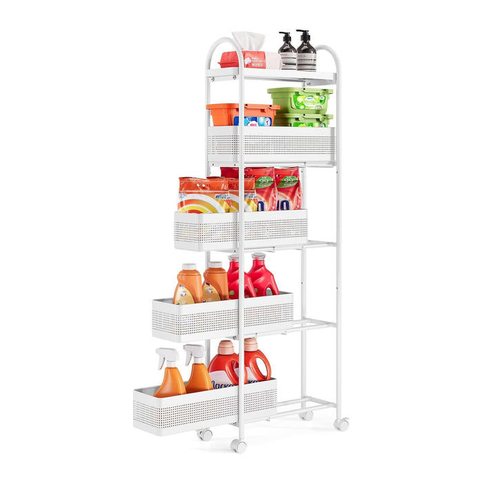 KINGRACK 5-Tier Slim Storage Cart with Pull Out Basket, Rolling Bathroom Organizer Utility, Metal Shelving Unit Slide Out, Lockable Wheels, Easy Assembly for Narrow Place, Kitchen, Laundry Room, White