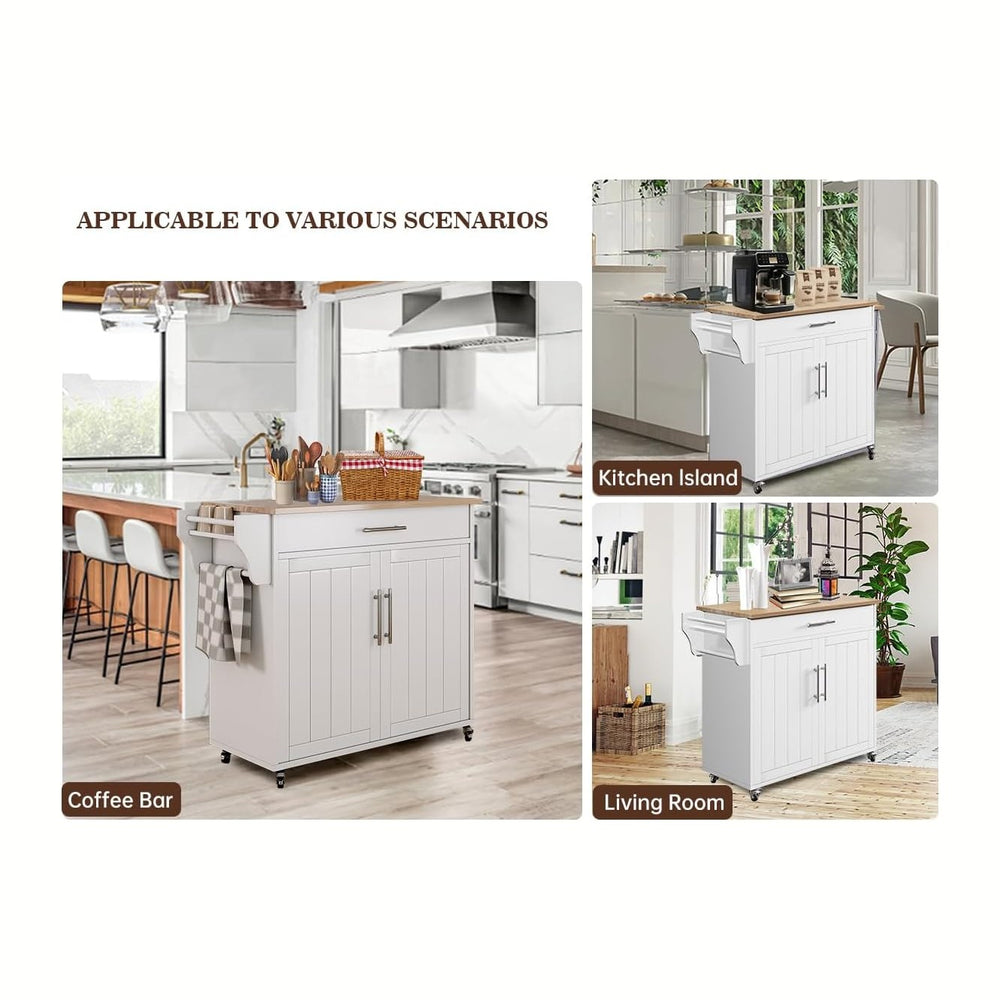 Kitchen Storage Island, Wooden Rolling Kitchen Island On Wheels with Countert...