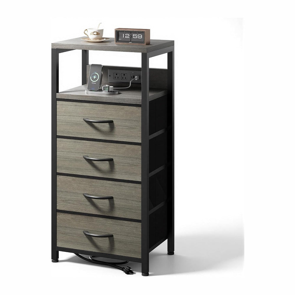 Lazzanto Night Stand with Charger Station, 4 Fabric Drawers, Grey | Nightstan...