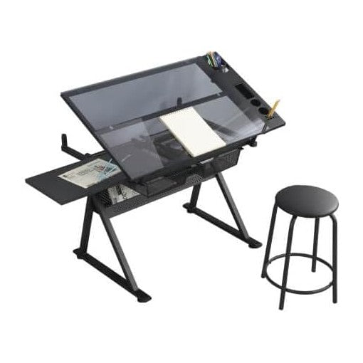 Litex Adjustable Drafting Table with Stool, Glass Top Art Desk for Drawing &a...